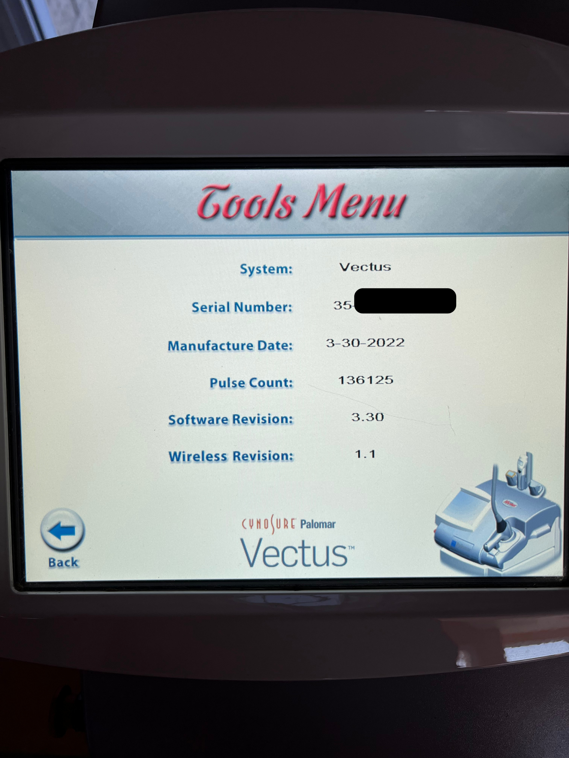 Vectus base system specifications screen display