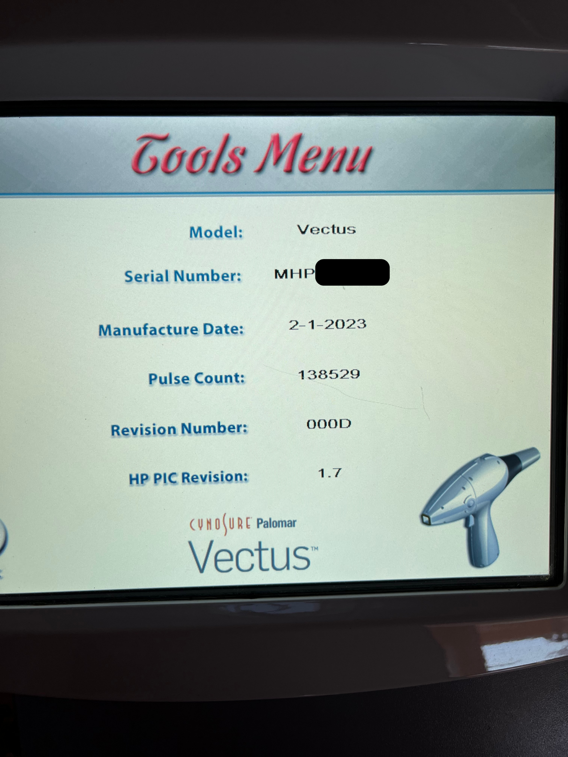 Vectus handpiece specifications touchscreen detail