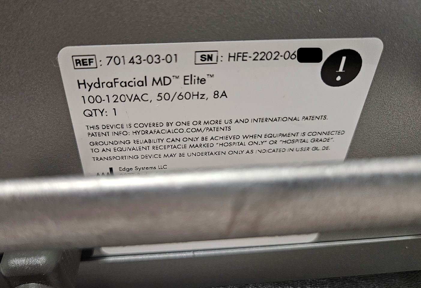 2022 Edge Hydrafacial MD Elite manufacturer plate