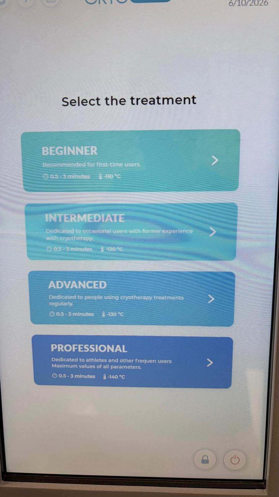 Cryo Arctic Performance treatment selection settings